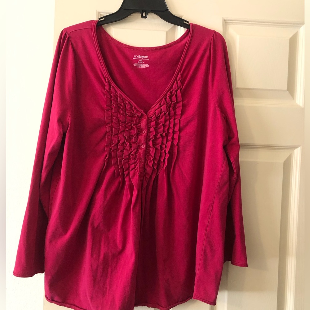 Lane Bryant Raspberry Ruffle-Front V-Neck Long Sleeve Top